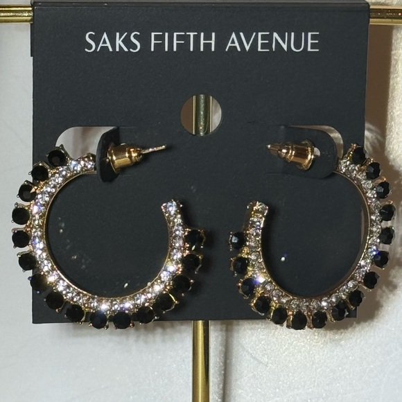 Saks Fifth Ave Gold Tone Black Crystal Open Hoop post Earrings - Picture 5 of 8